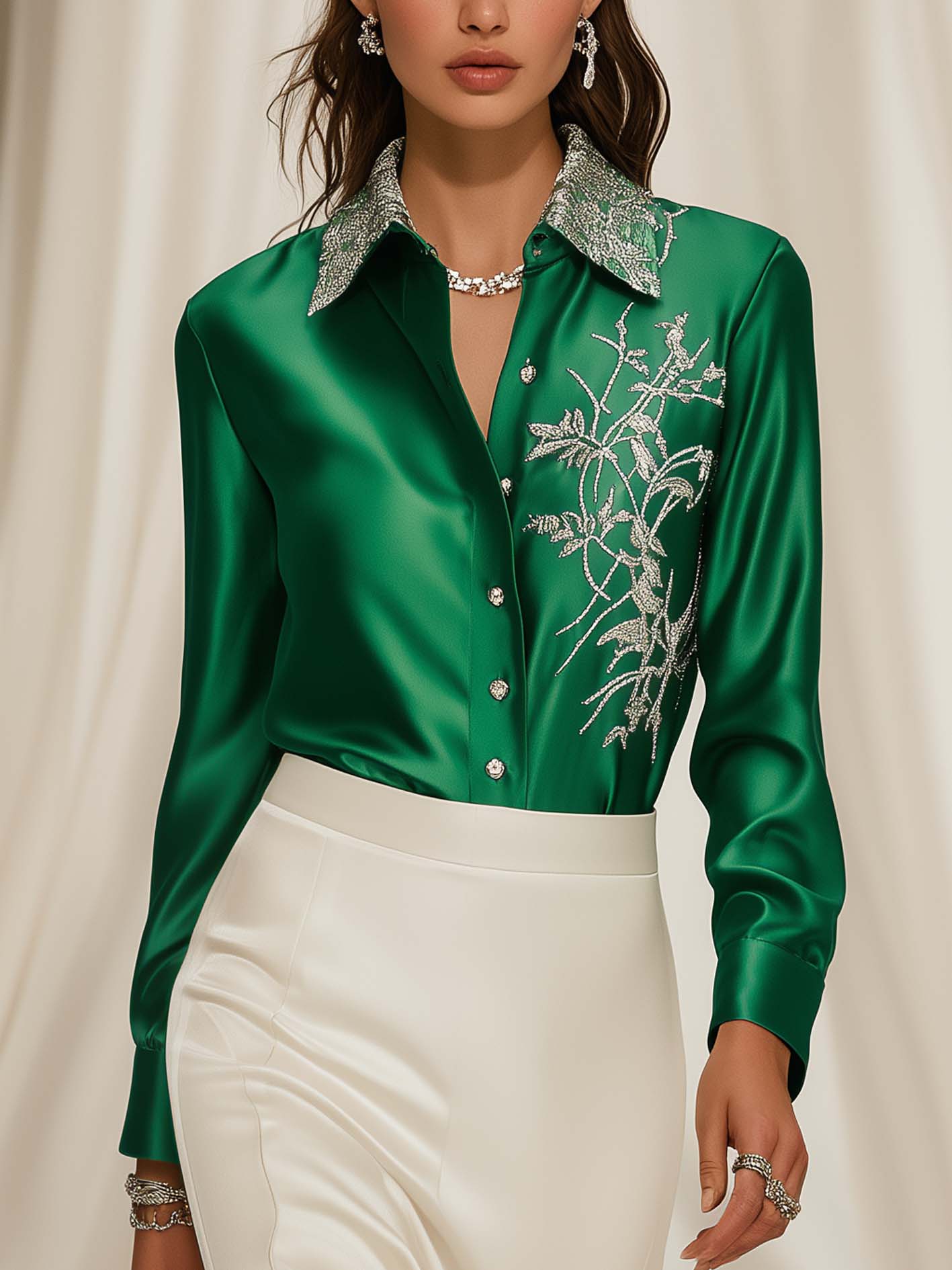 Green Satin Blouse With Luxurious Silver Botanical Embroidery