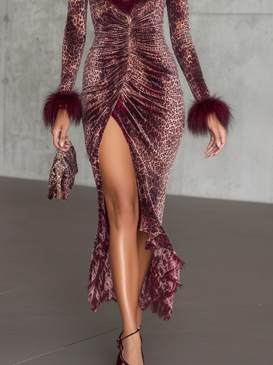 Burgundy Leopard Velvet Ruched Midi Dress With Feather Trim