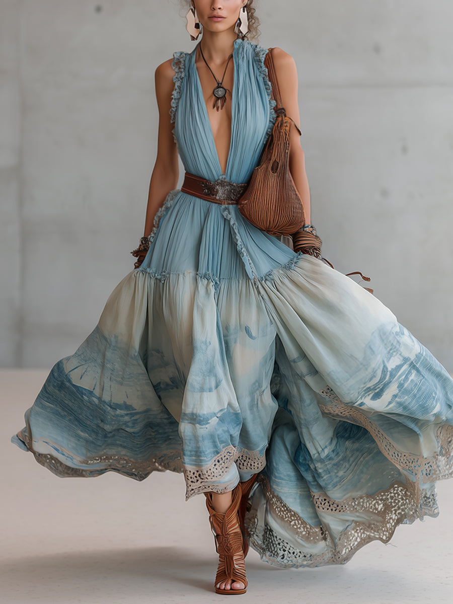 Blue Bohemian Deep V-Neck Printed Maxi Dress With Lace Hem
