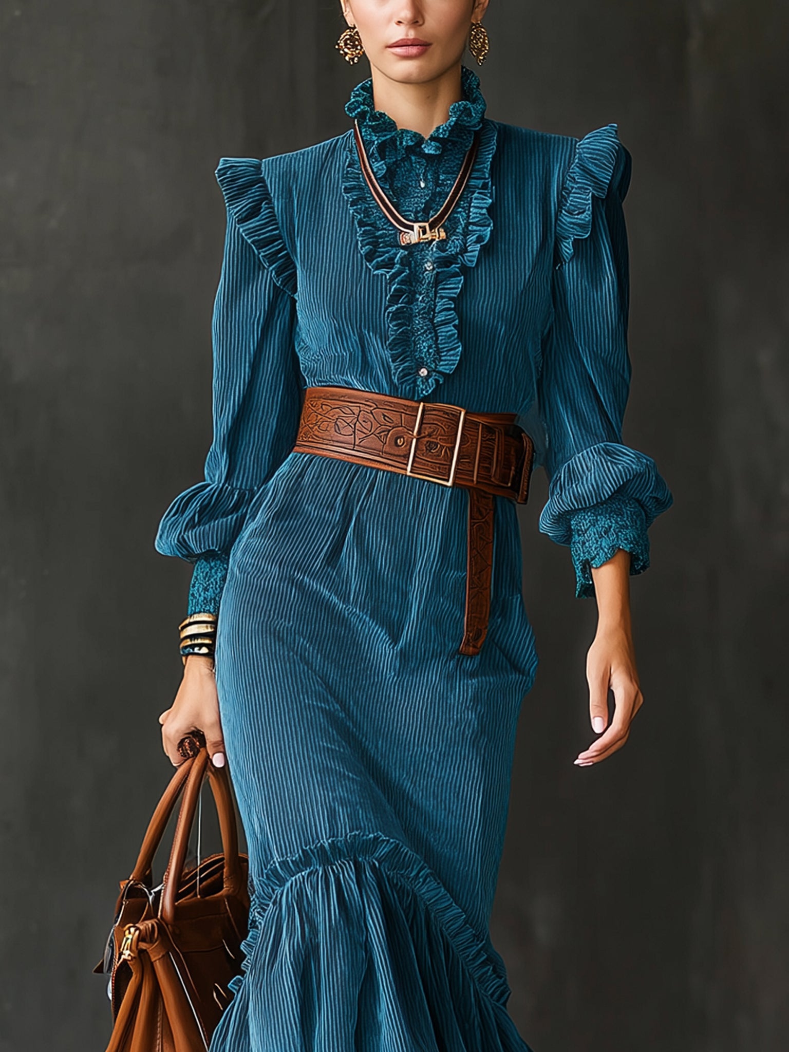 Blue Corduroy Ruffled Lace Tie Midi Dress