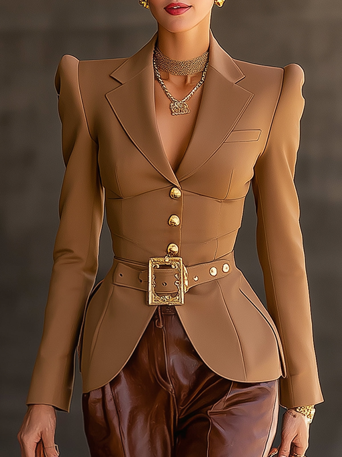 Camel Slim Waist Blazer With Vintage Gold Buttons