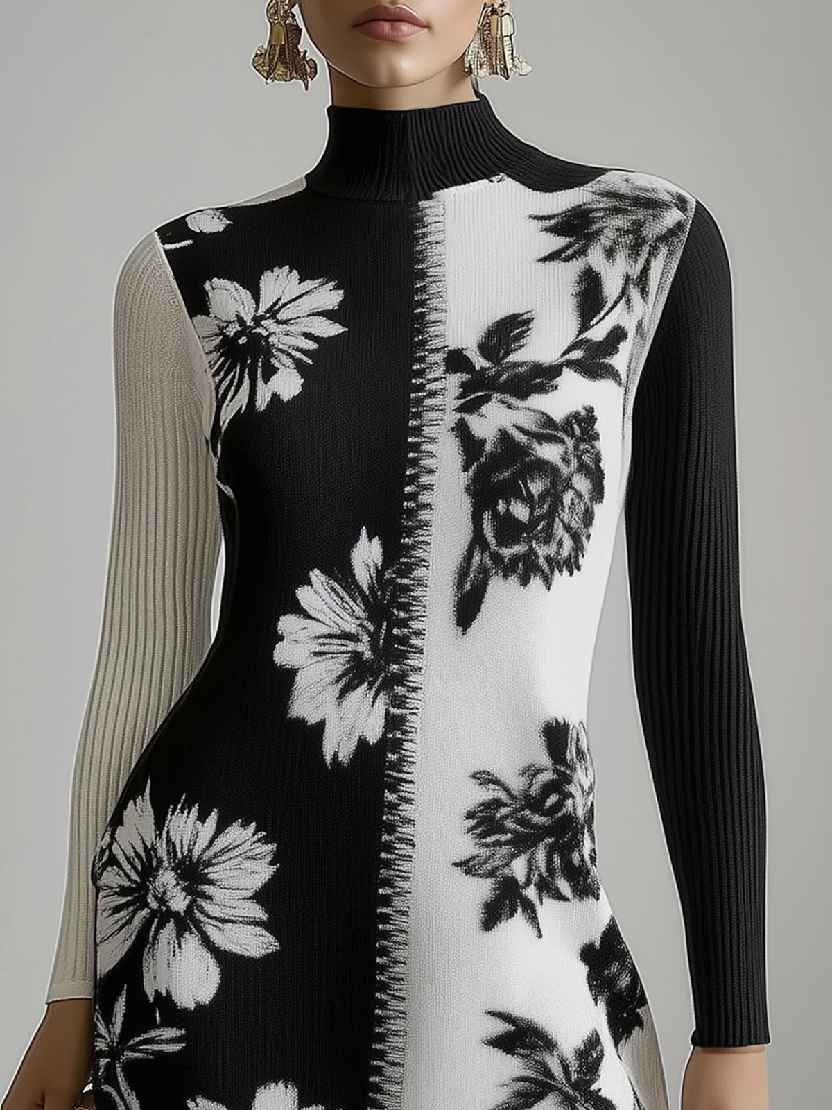 Black And White Floral Contrast Ribbed Knit Dress