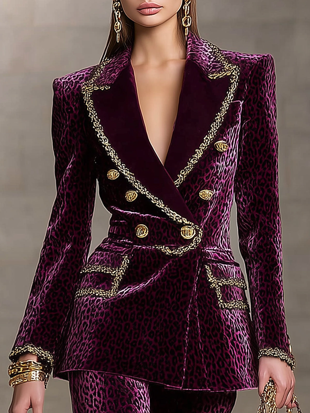 Plum Velvet Leopard Print Double Breasted Blazer