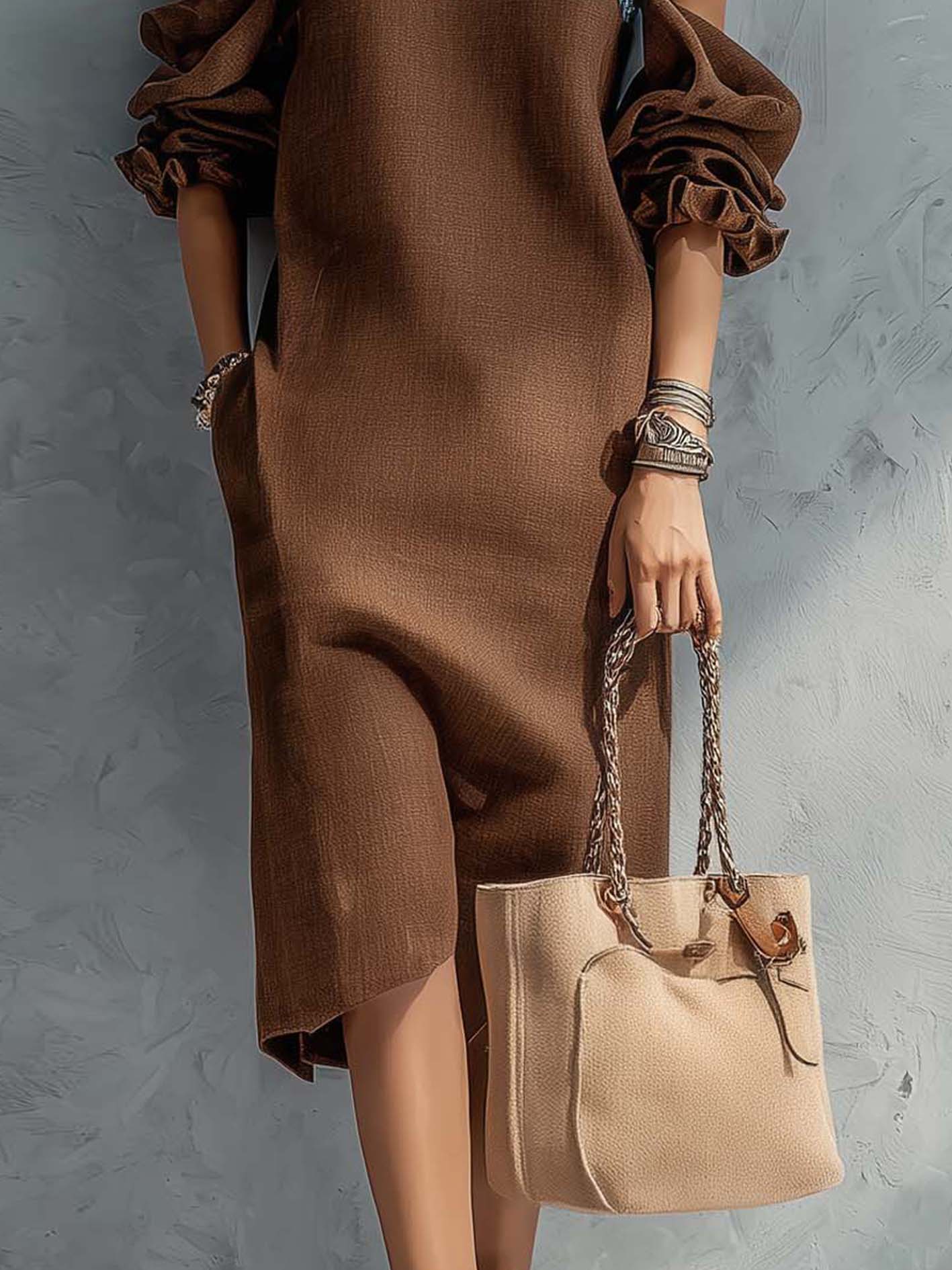 Brown Cotton-Linen Cold Shoulder Midi Dress With Vintage Blue Embroidery