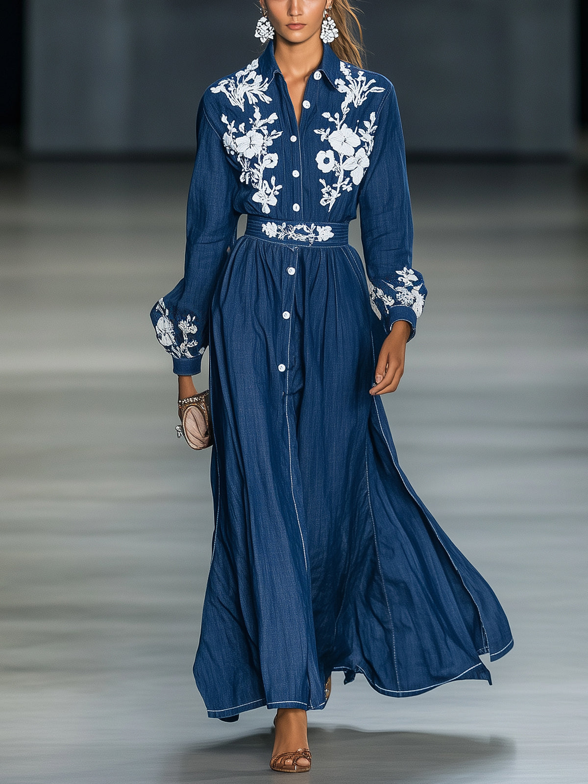 Navy Denim Embroidered Waist Detail Collared Long Sleeve Maxi Dress
