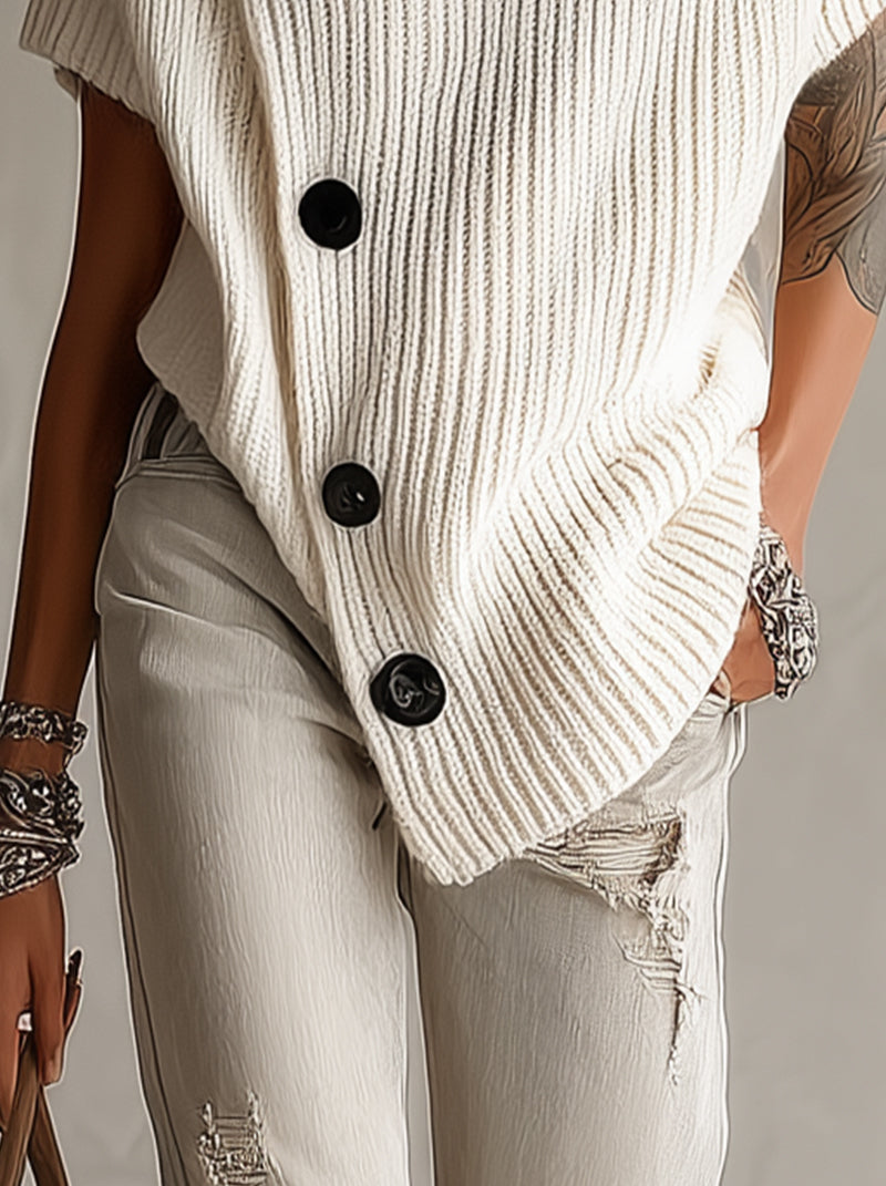 Ivory Ribbed Knit Asymmetric Button Turtleneck Sweater