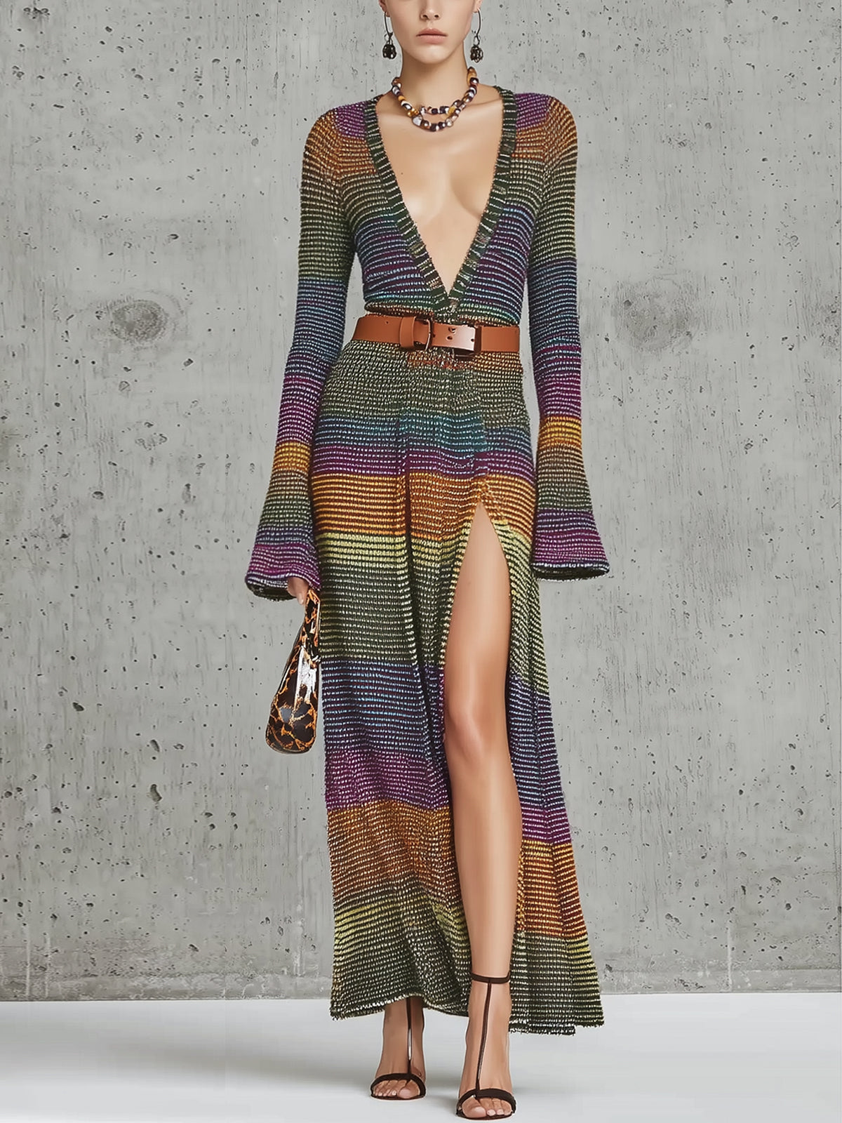 Multicolor Knit Deep V-Neck  Midi Dress With Belt