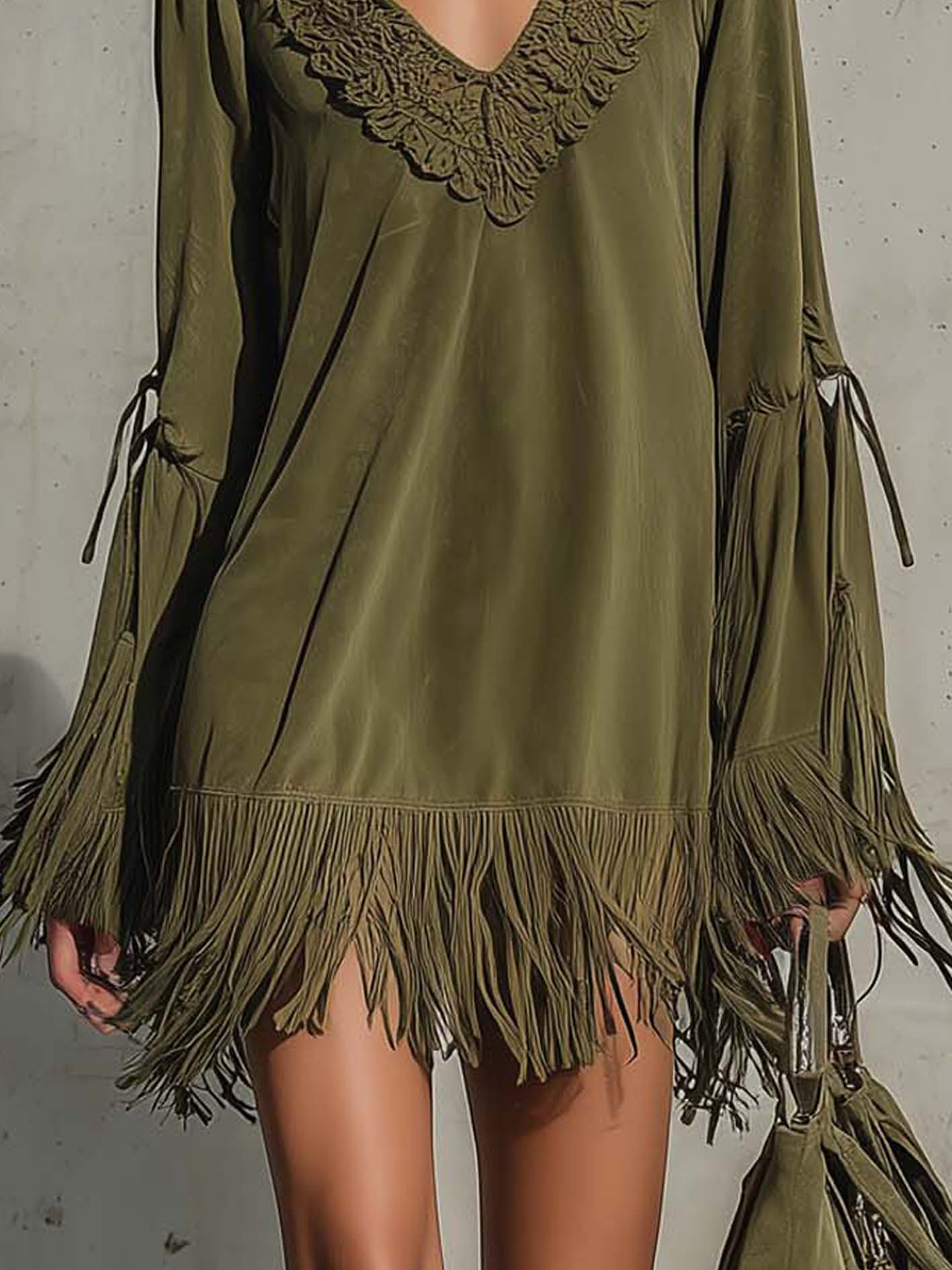 Olive Green Faux Suede Lace Trim Tassel Mini Dress