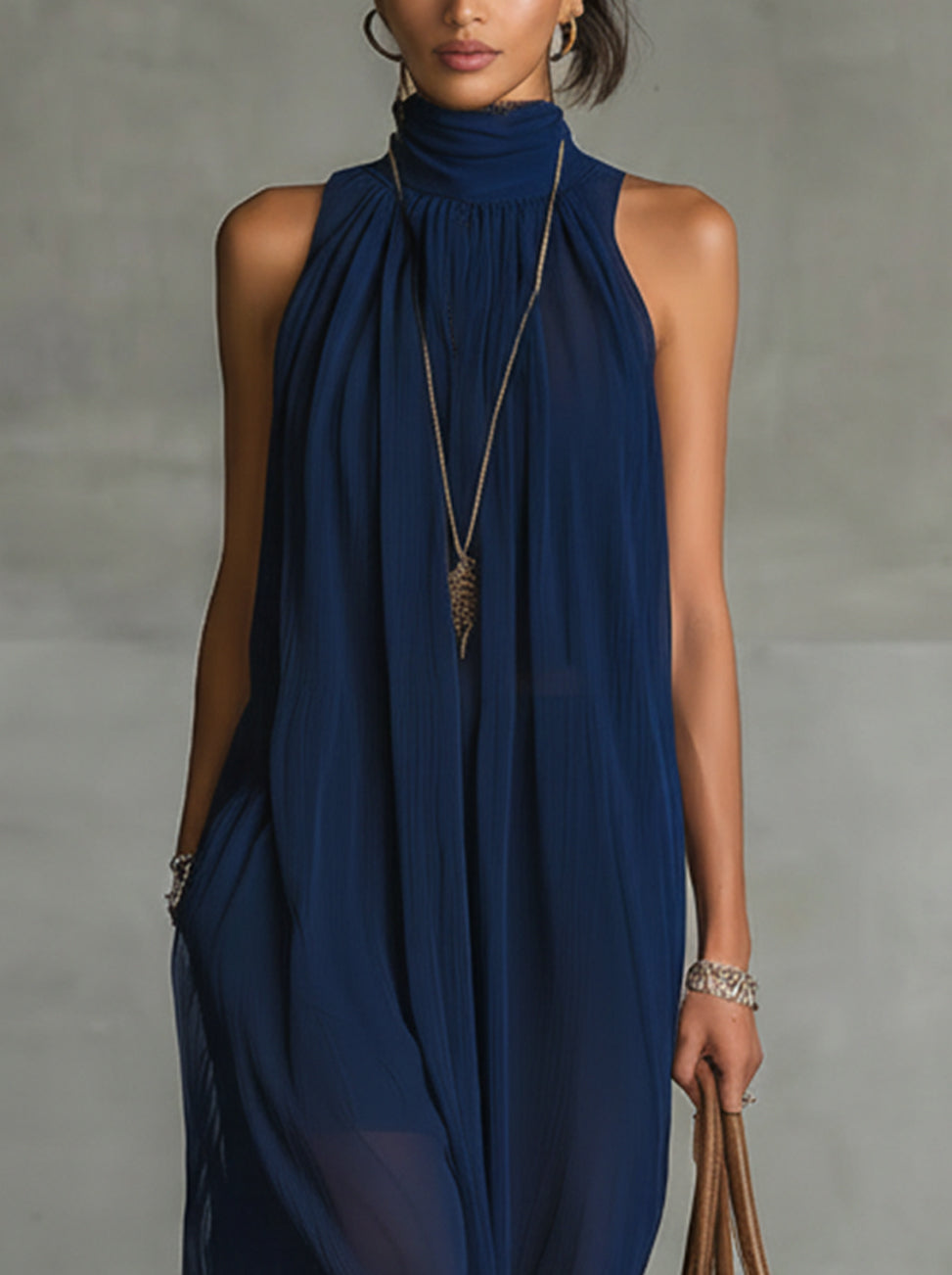 Navy Blue High-Neck Maxi Dress With Lace Hem