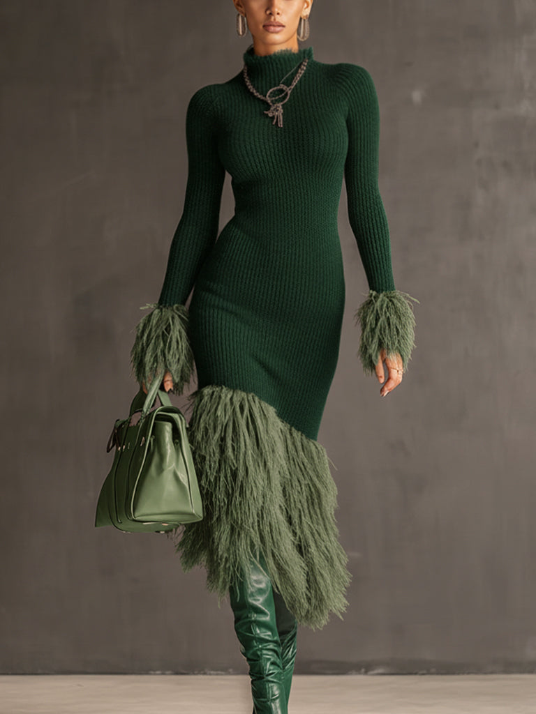 Emerald Knit Patchwork Eco Faux Fur Long Sleeve Bodycon Dress