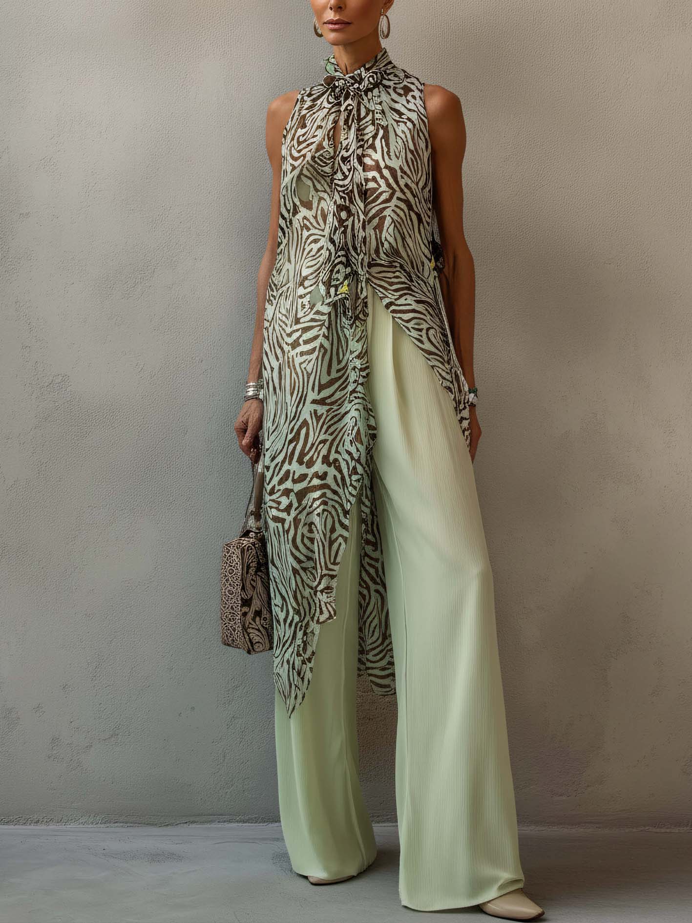 Light Green Zebra Print Chiffon Bow Tie Top And Wide Leg Pants Set