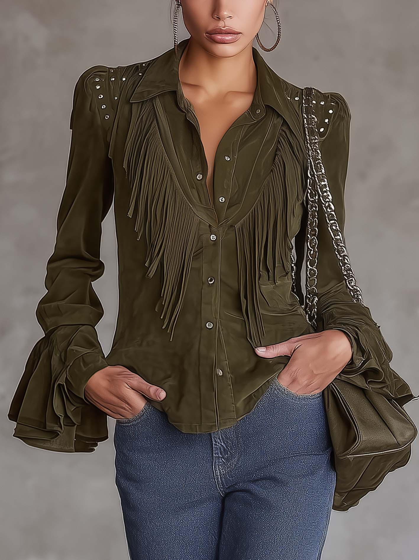 Olive Green Faux Suede Fringe Studded Blouse