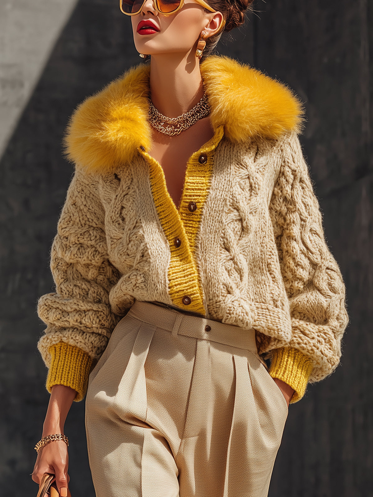 Beige Chunky Knit Fur Collar Cardigan