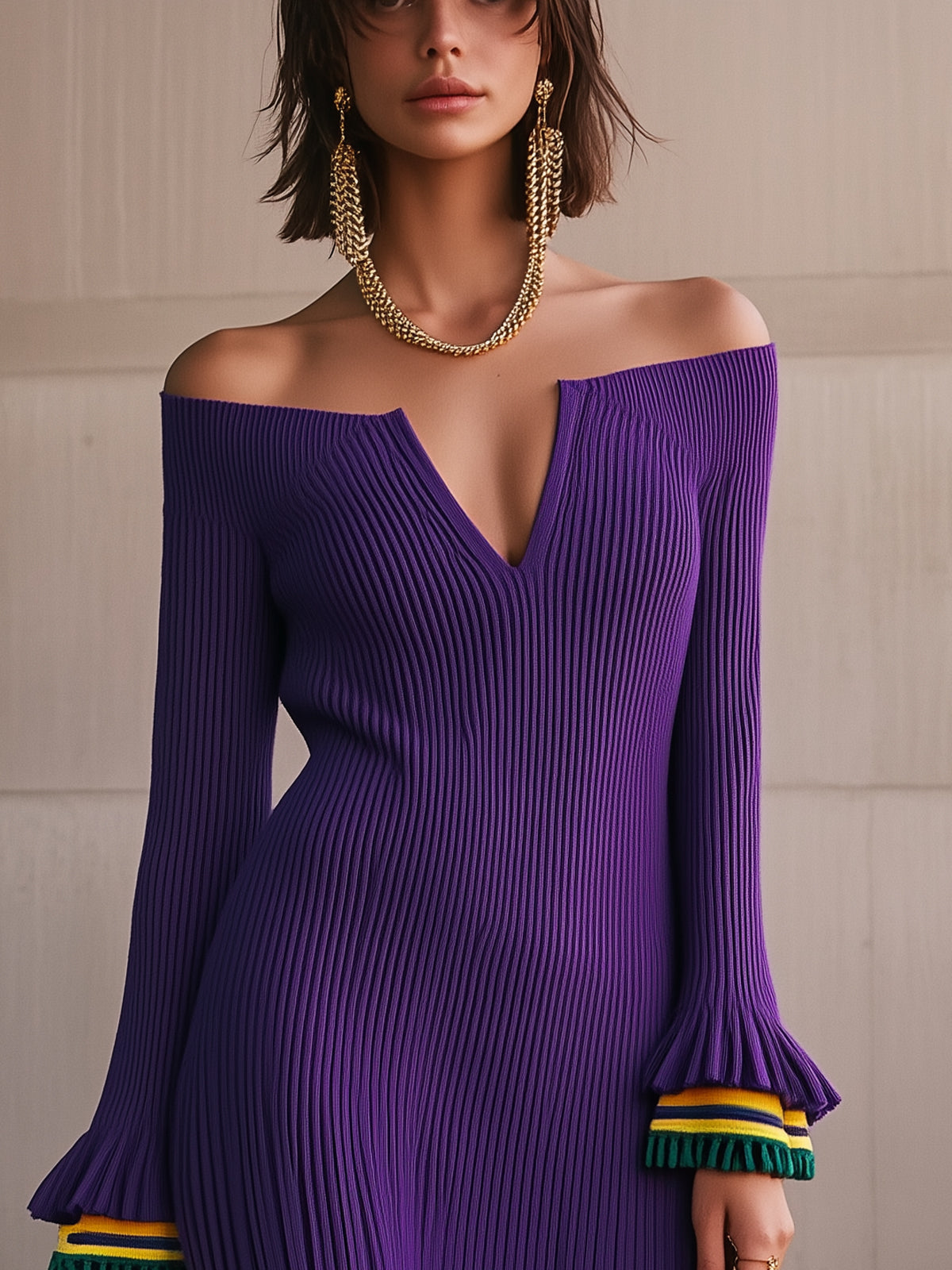 Purple Ribbed Knit Flared Cuff Off Shoulder Long Sleeve Mini Dress