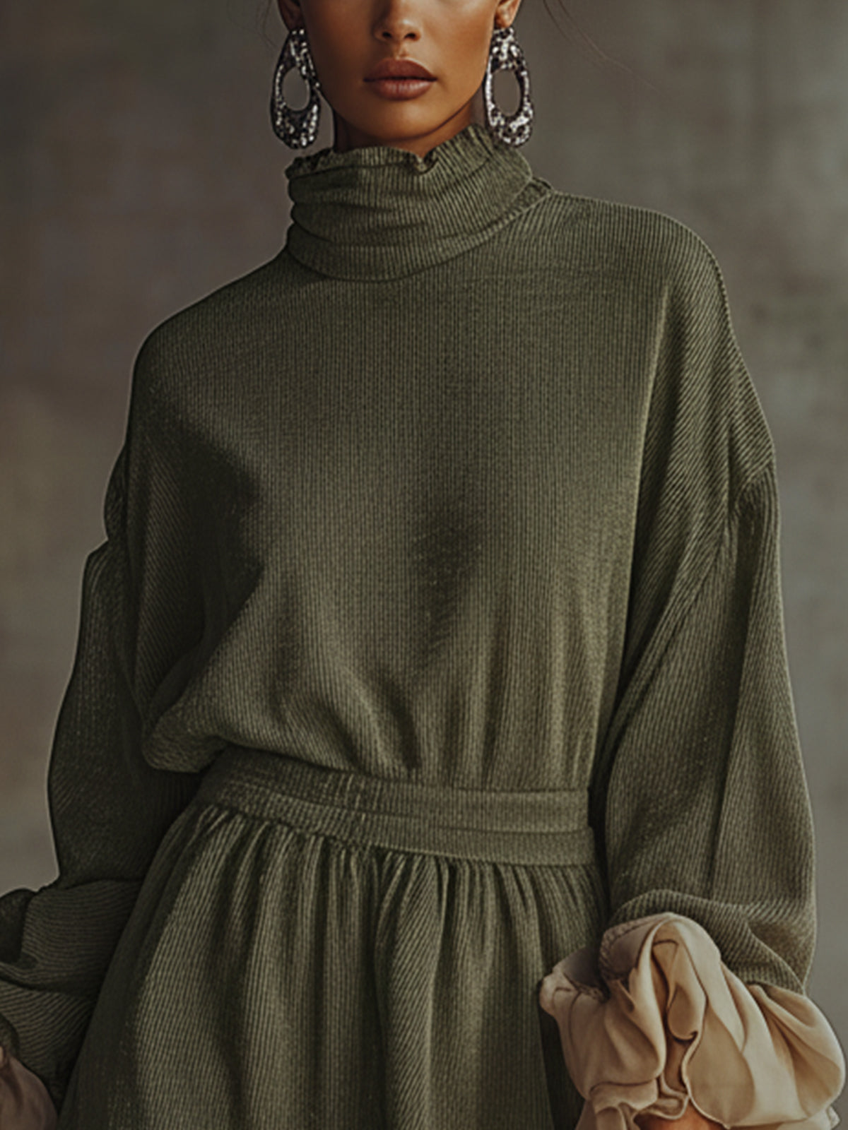 Green Turtleneck Dress With Billowy Chiffon Sleeves