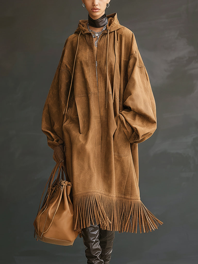 Vintage Brown Suede Tassel Zip Up Trench Coat