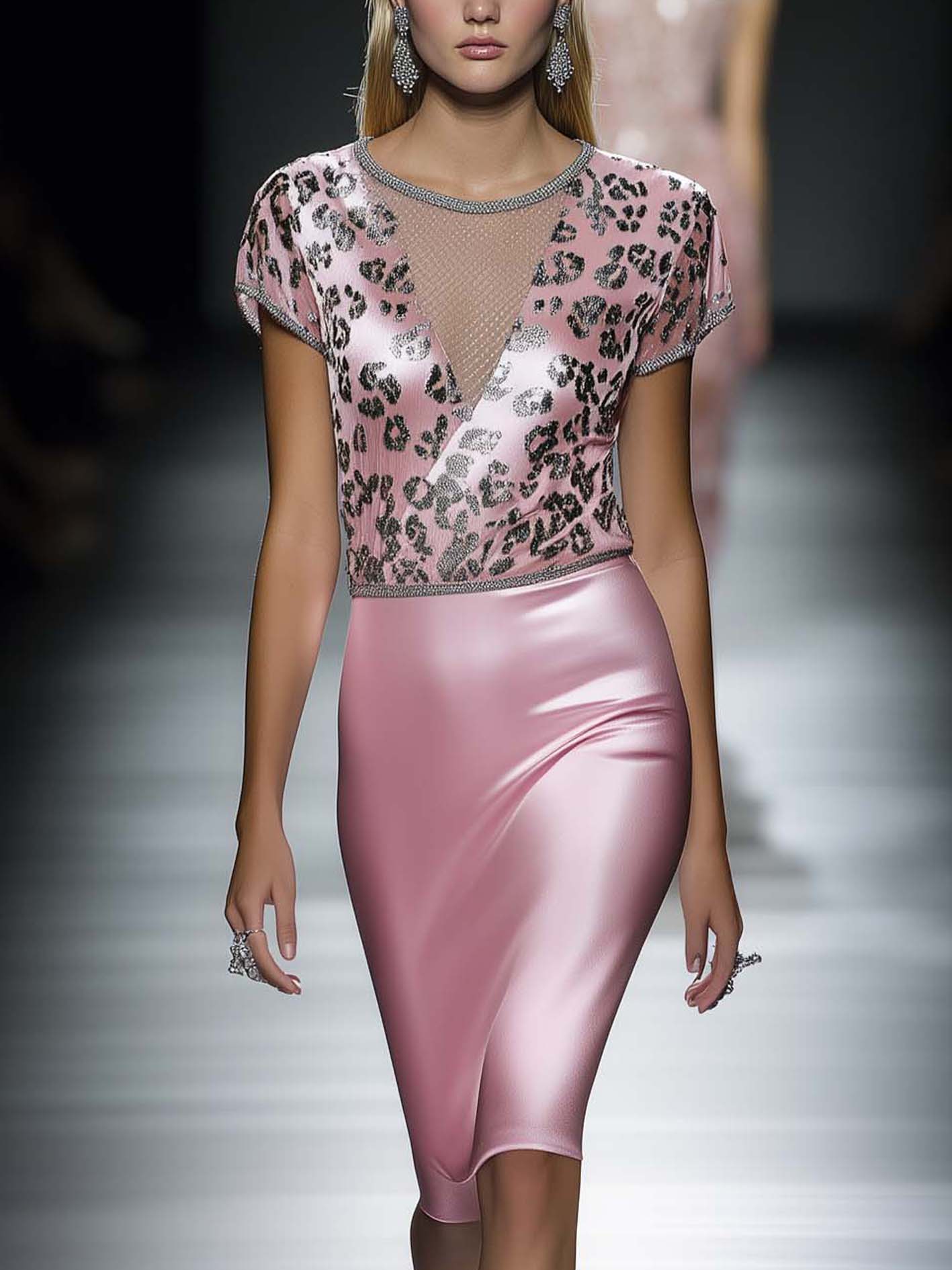 Pink Leopard Print Midi Bodycon Dress With Mesh Stitching