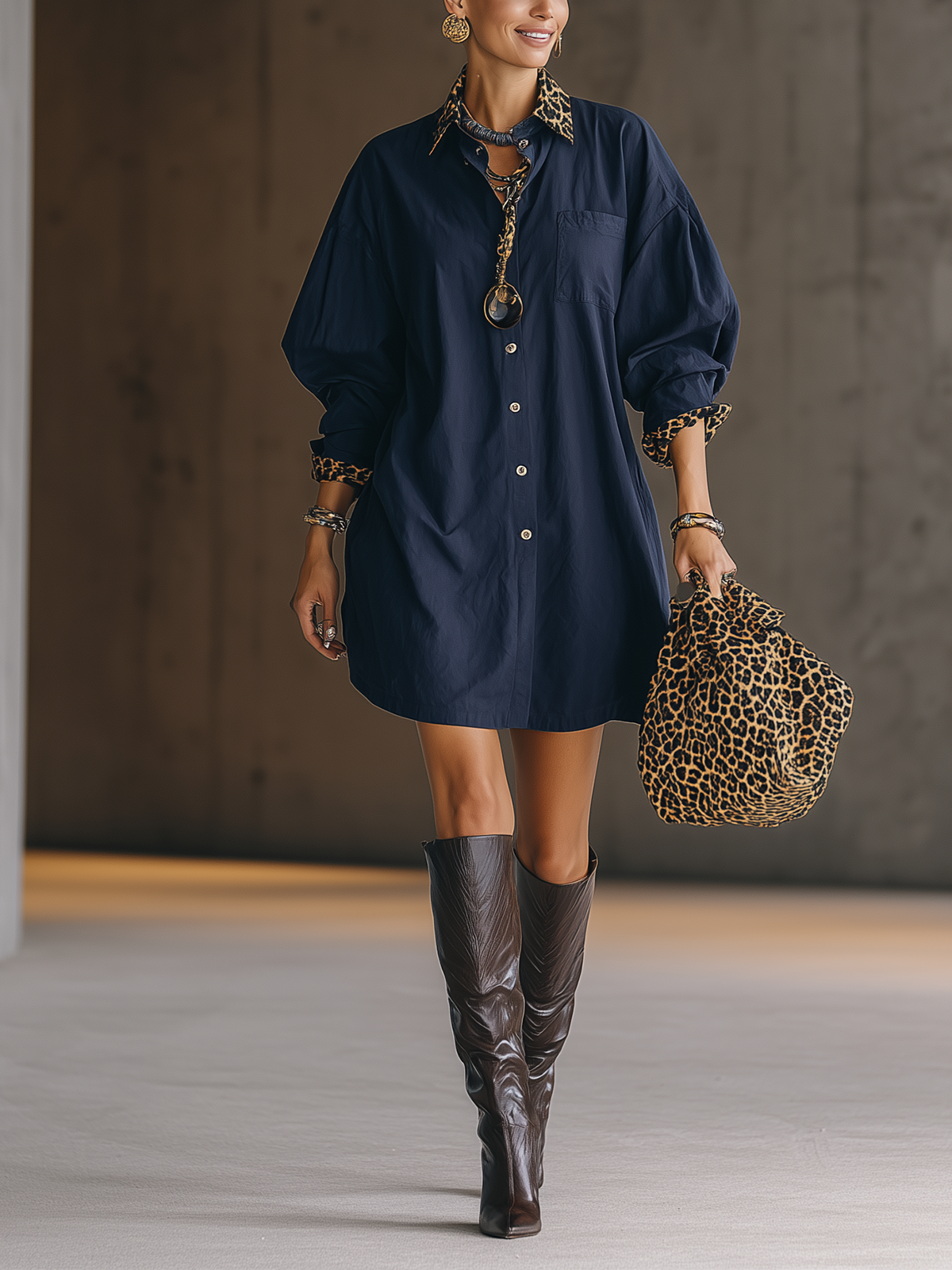 Navy Leopard Trim Oversized Button-Up Shirt Mini Dress