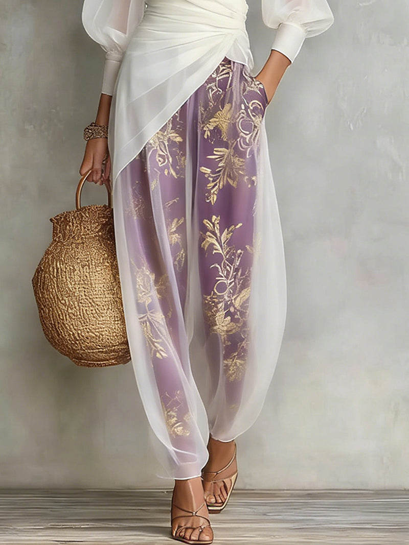 White Chiffon Wrap Shirt And Sheer Print Harem Pants Set