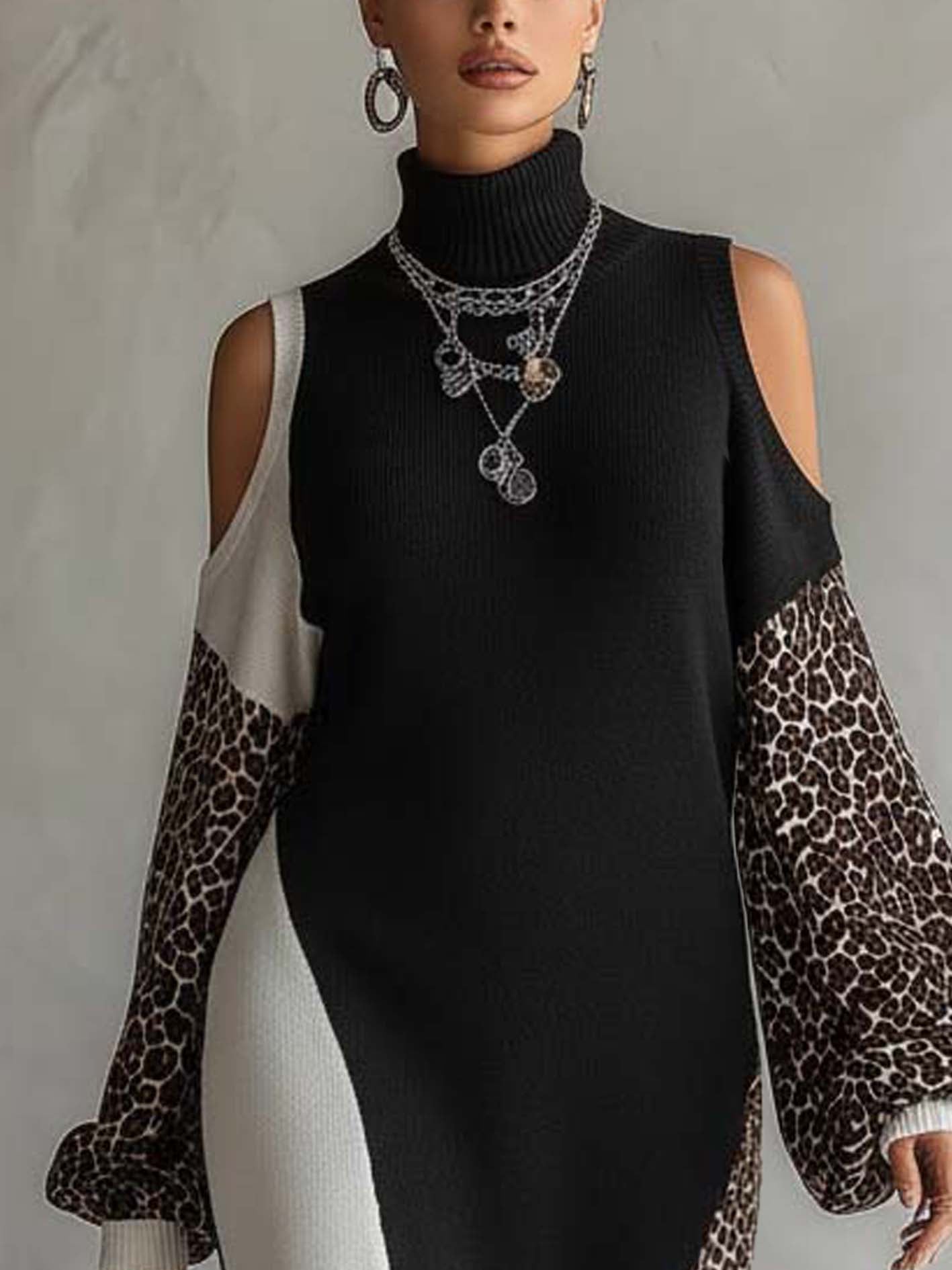 Black Leopard Patchwork Cold Shoulder Knit Midi Dress