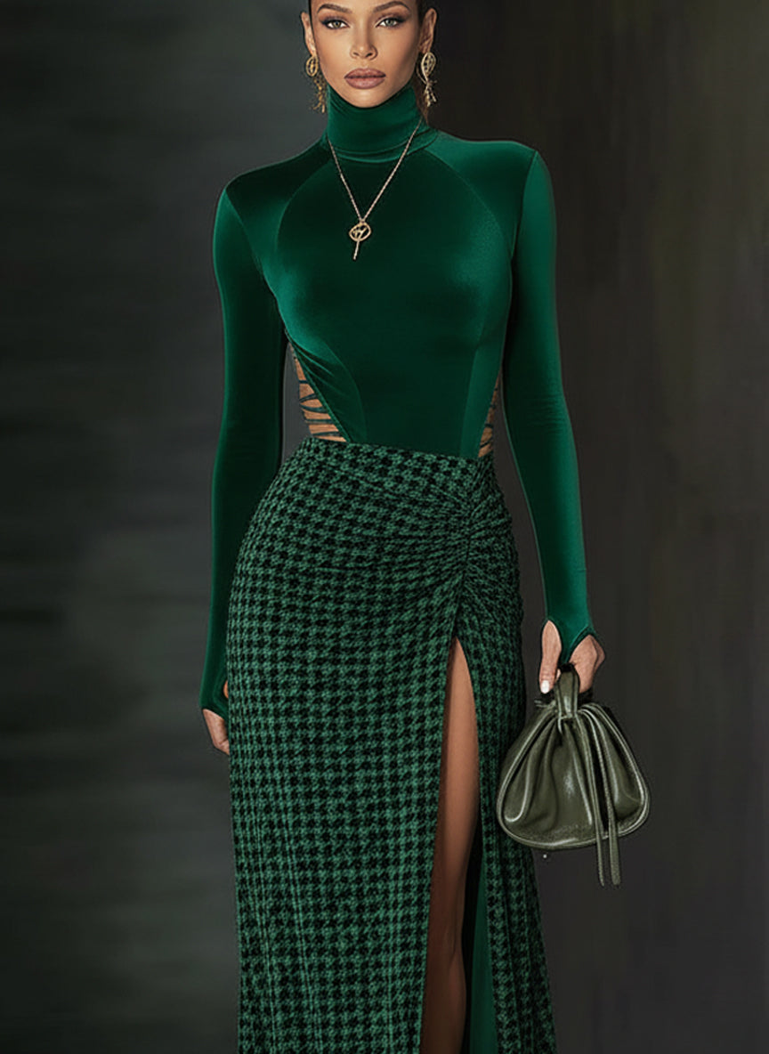 Emerald Velvet Houndstooth High Slit Maxi Dress