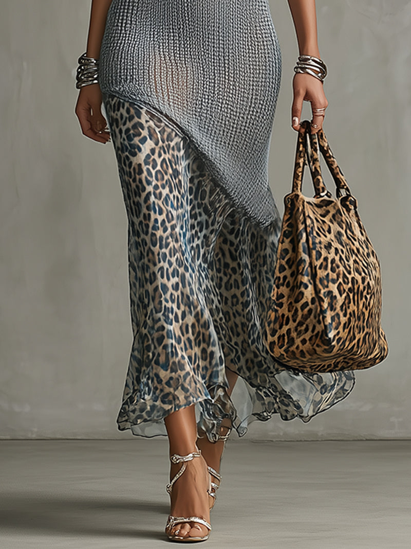 Blue Knit Deep V-Neck Asymmetrical Maxi Dress With Leopard Print Hem