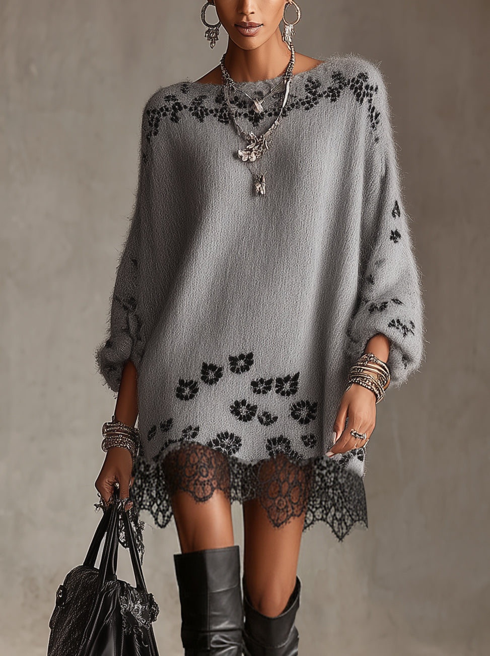 Gray Floral Knit Lace Hem Oversized Sweater Dress