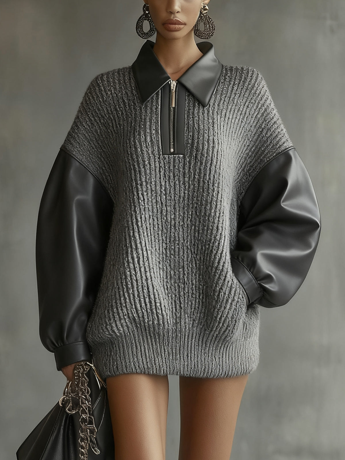 Gray Knitted Mini Dress With Leather Sleeves And Zippered Collar