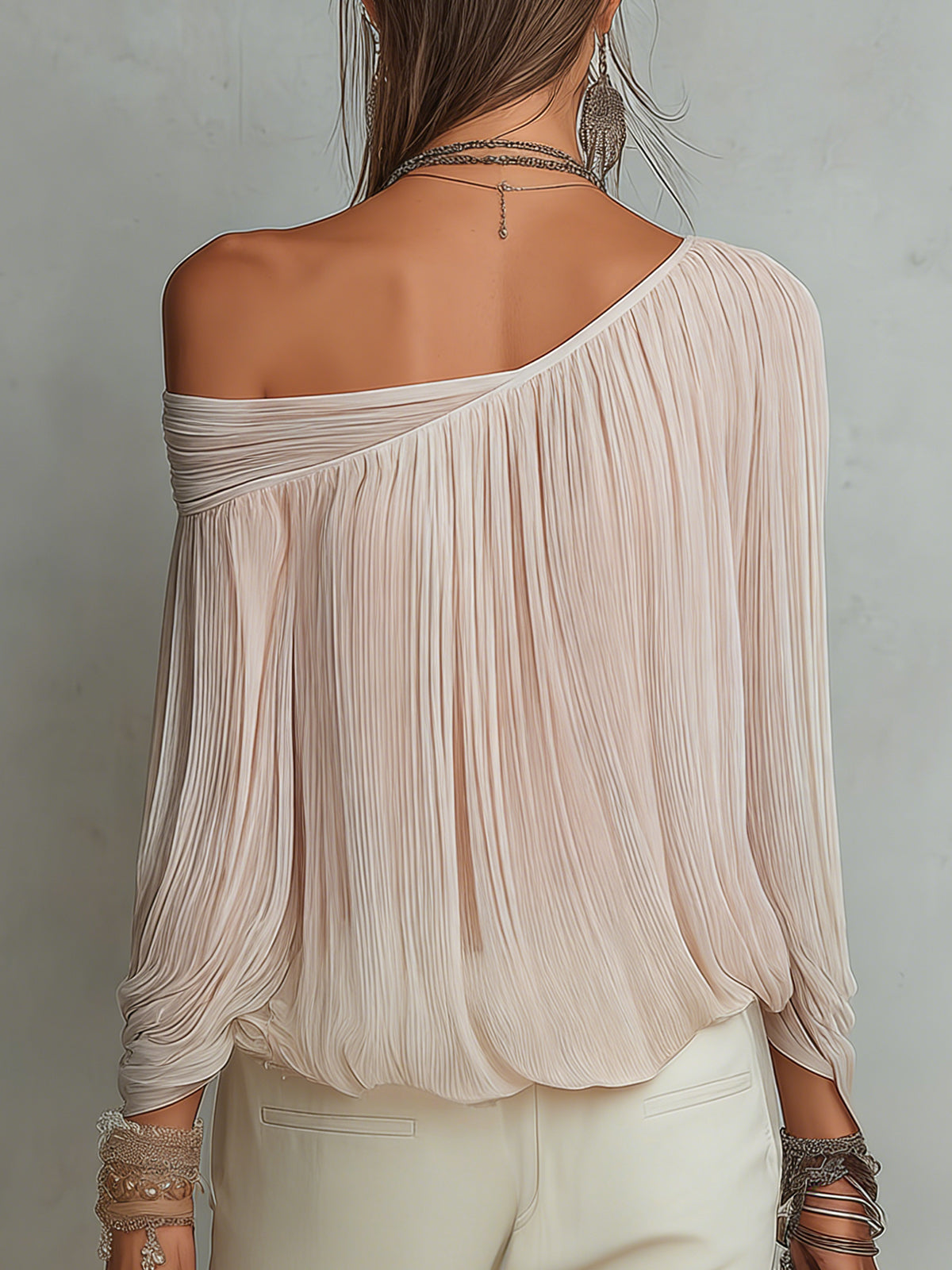Pink Pleated Off-Shoulder Floral Accent Chiffon Blouse