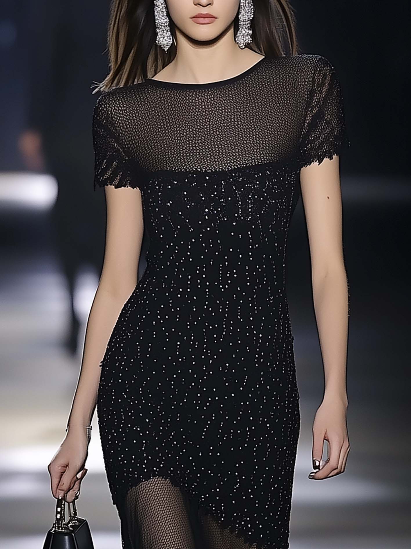 Black Polka Dot Midi Bodycon Dress With Mesh Stitching