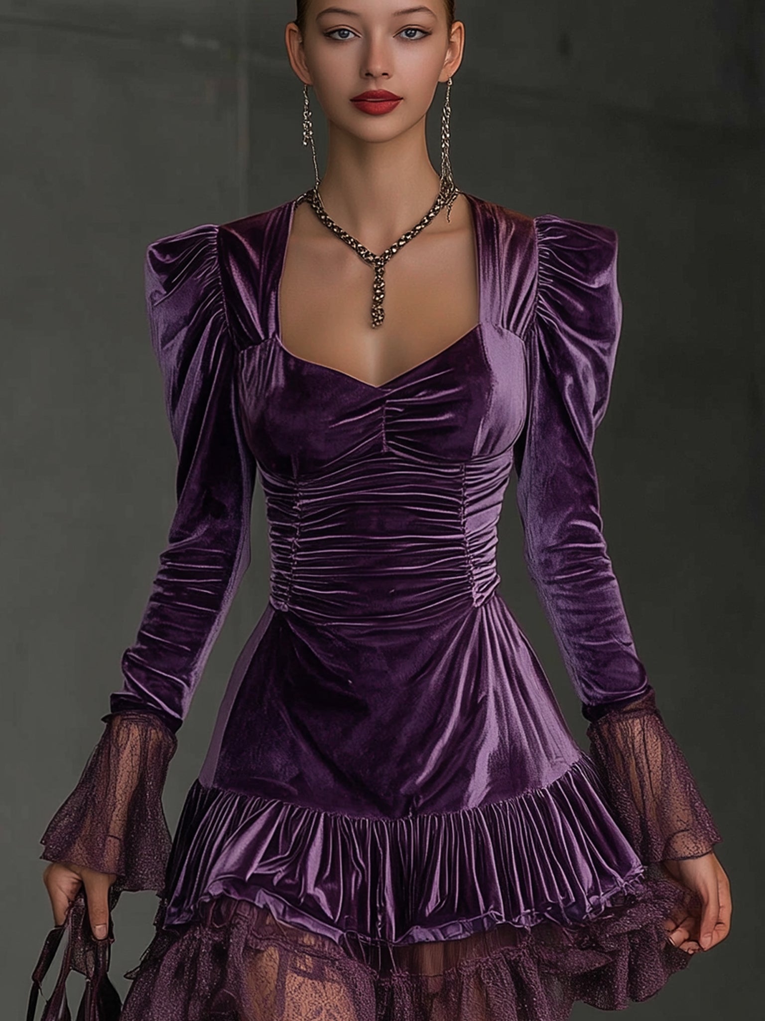 Purple Velvet Long Sleeve Mini Dress With Lace Ruffles