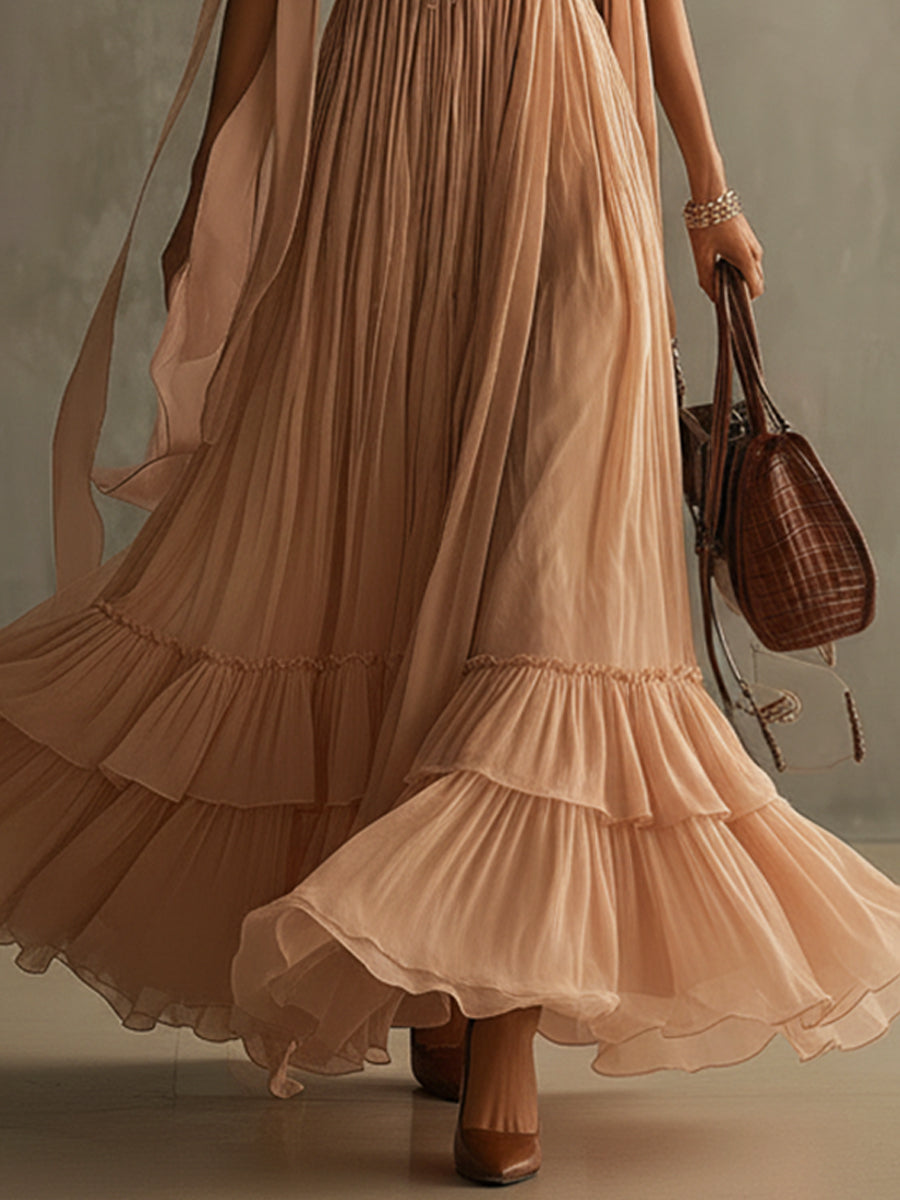 Pink Chiffon Ruffle Maxi Dress With Satin Tie