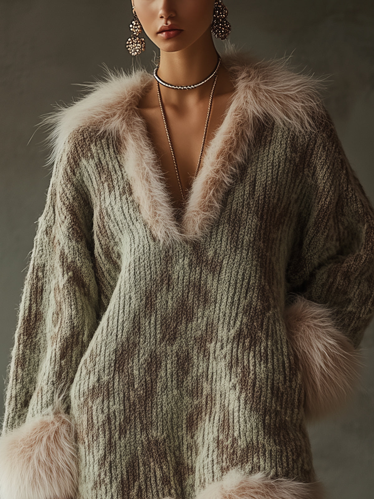 Green Knitted Dress With Faux Fur Trim And Deep V-Neck