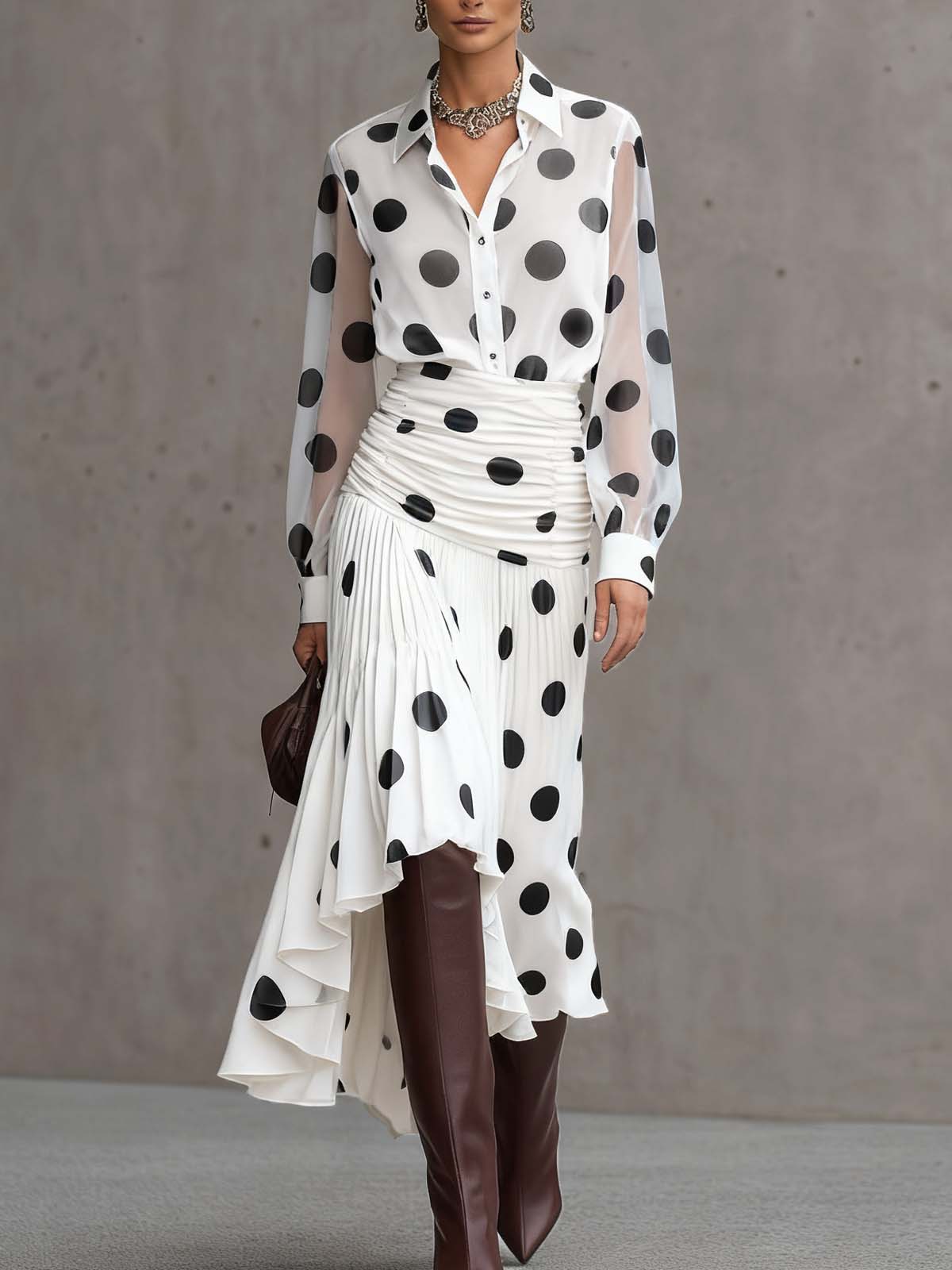 White Satin Polka Dot Pleated Sheer Sleeve Dress Set