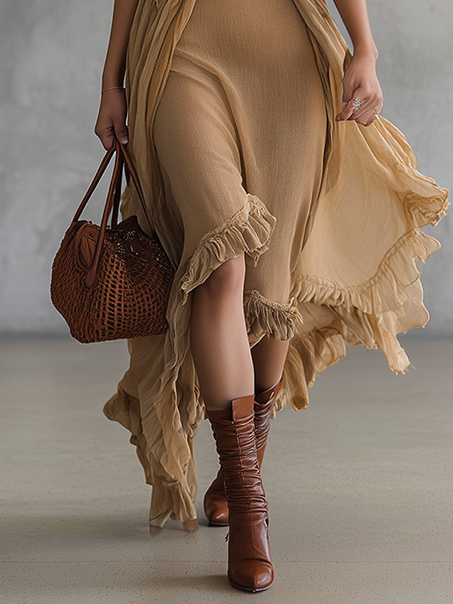 Khaki Linen Blend Sleeveless Dress And Chiffon Cardigan Set