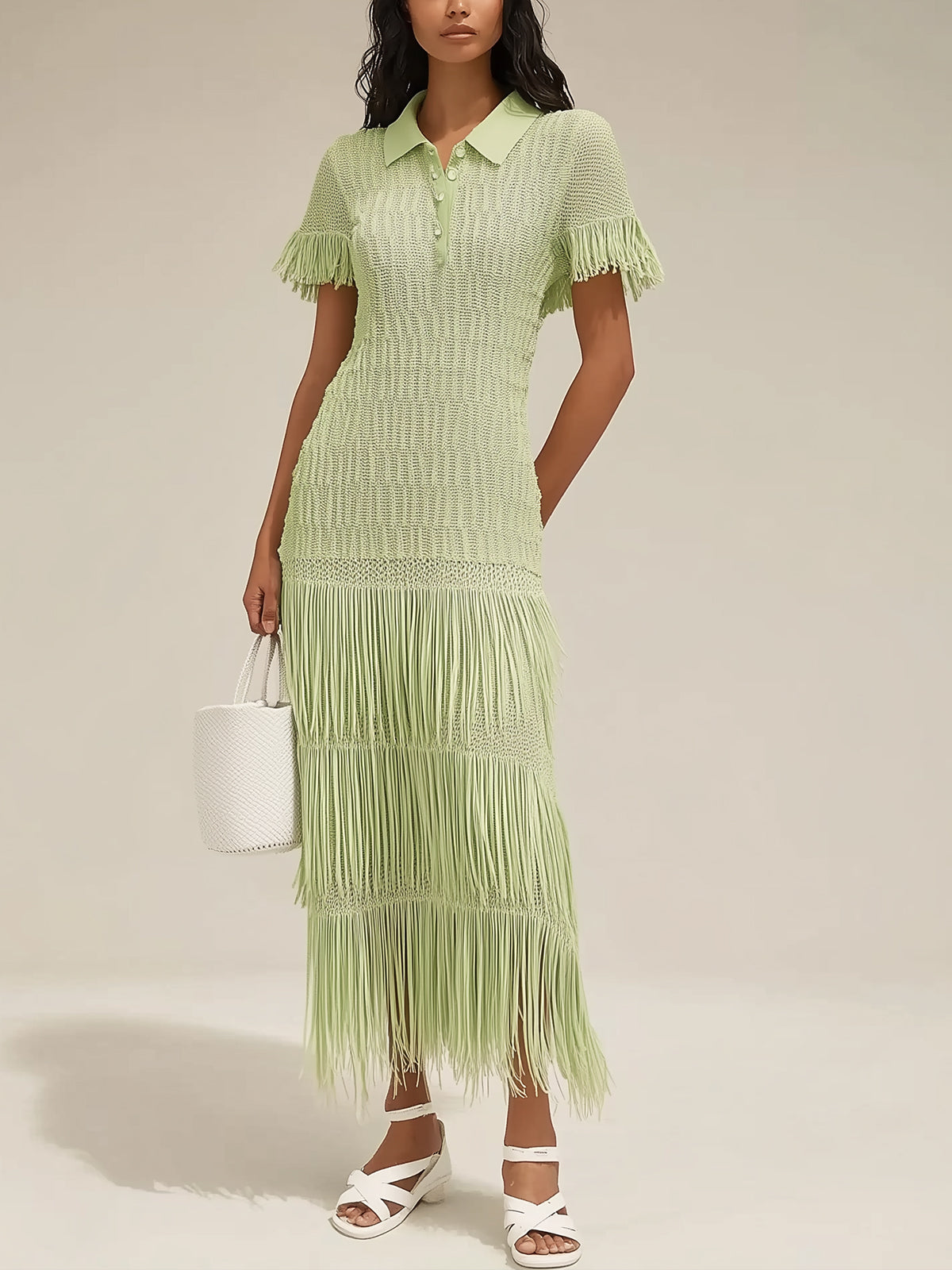 Light Green Knit Maxi Dress With Fringe Trim