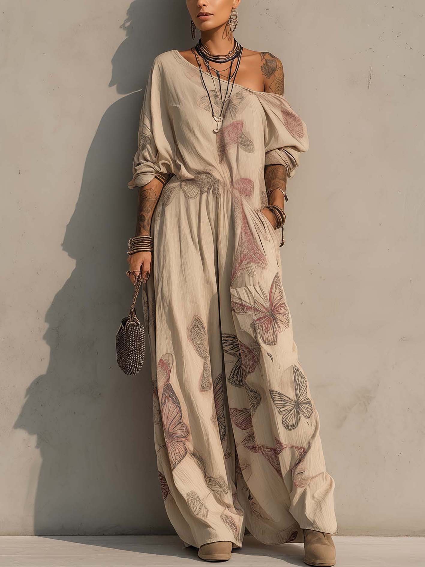 Oatmeal Linen Cotton One Shoulder Butterfly Print Jumpsuit