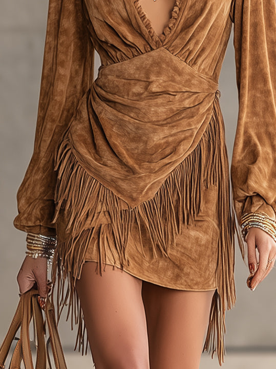 Camel Faux Suede Wrap Mini Dress With Fringe Hem And Deep V-Neck