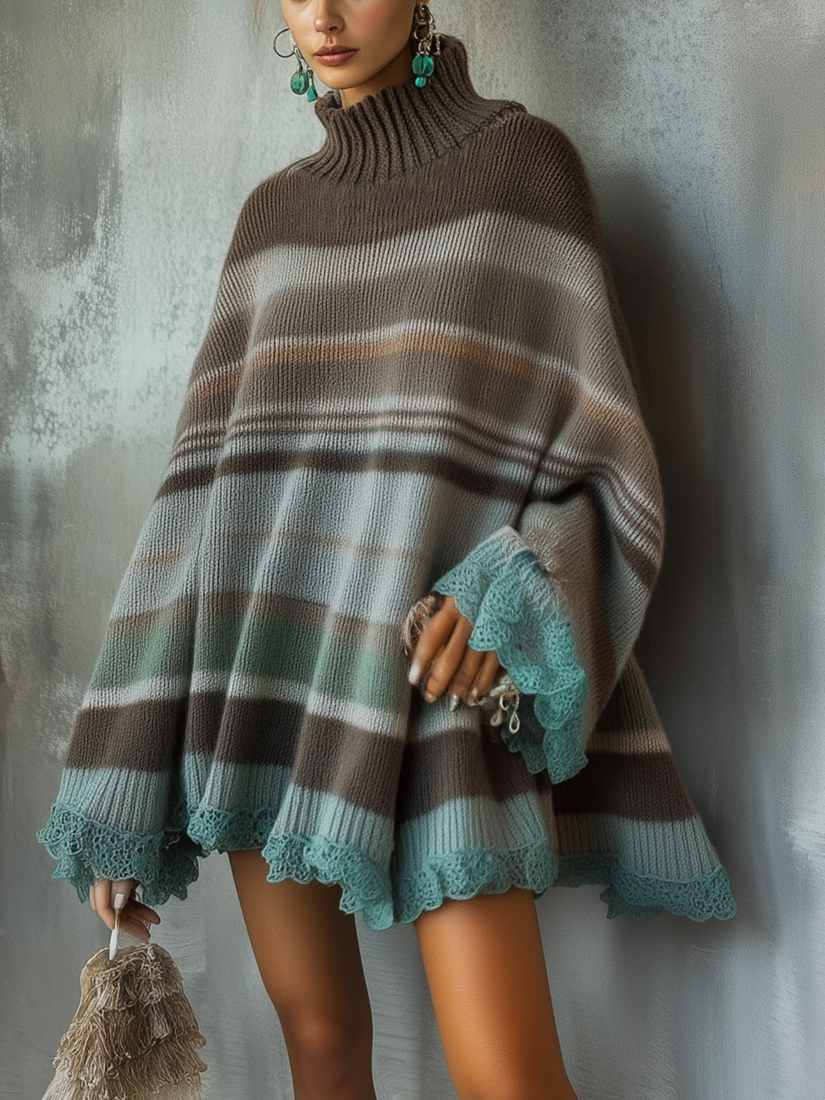 Striped Brown And Teal Knit Sweater Dress With Lace Trim