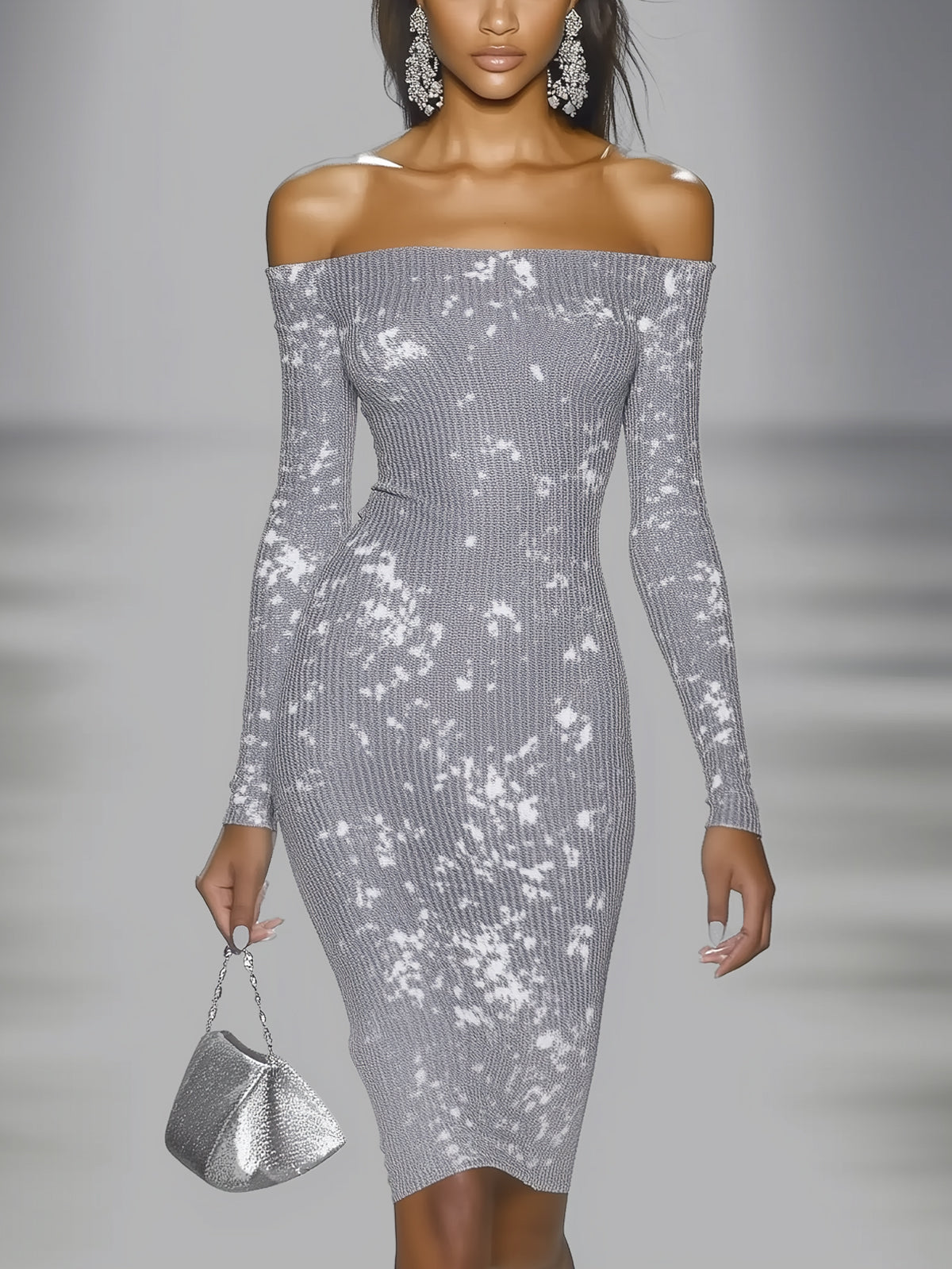 Gray Knit Fitted Off Shoulder Long Sleeve Midi Dress