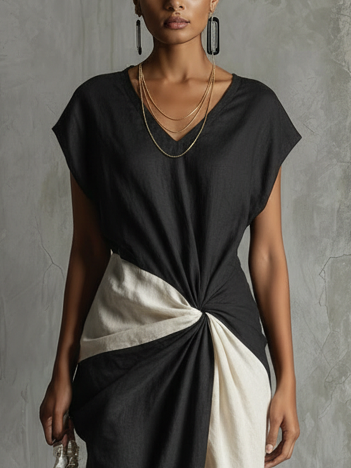 Two-Tone Maxi Dress With Draped Twist Front And Sculpted Silhouette