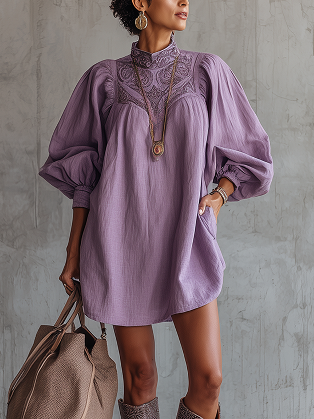 Purple Embroidered High-Neck Puff Sleeve Mini Dress