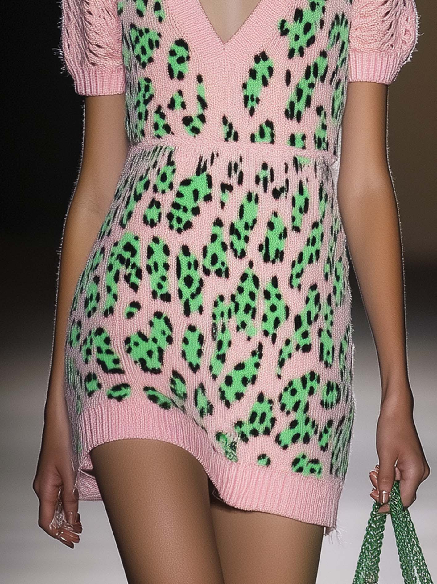 Pink Knitted Mini Dress With Green Leopard Print