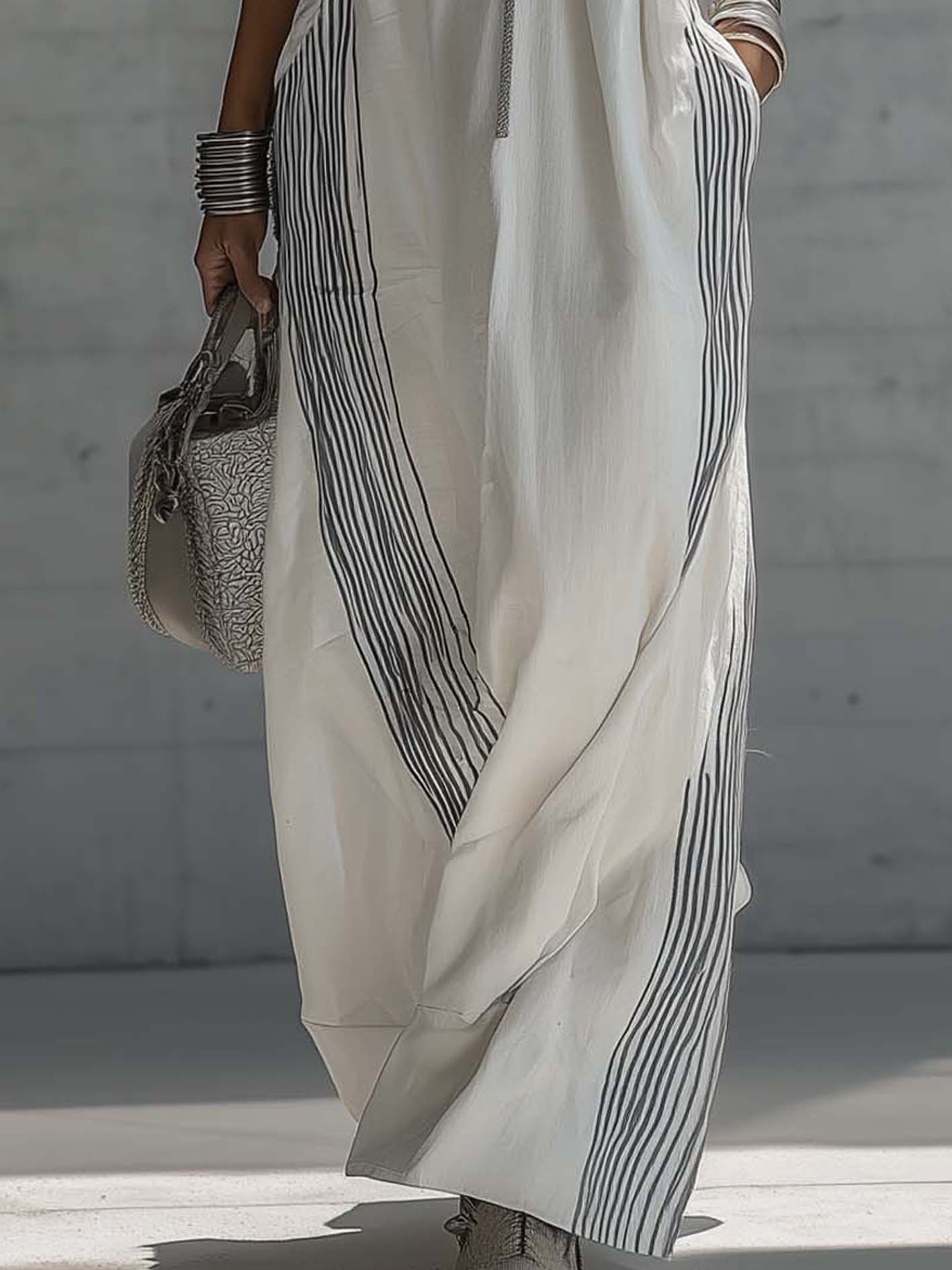 White Cotton Linen Sleeveless Hooded Maxi Dress With Zipper And Stripe