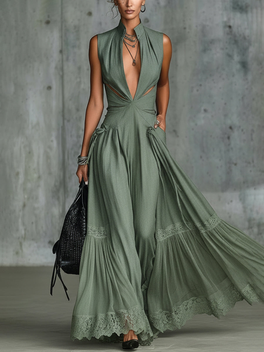 Mint Green Lace Trimmed Linen Blend Cutout Maxi Dress