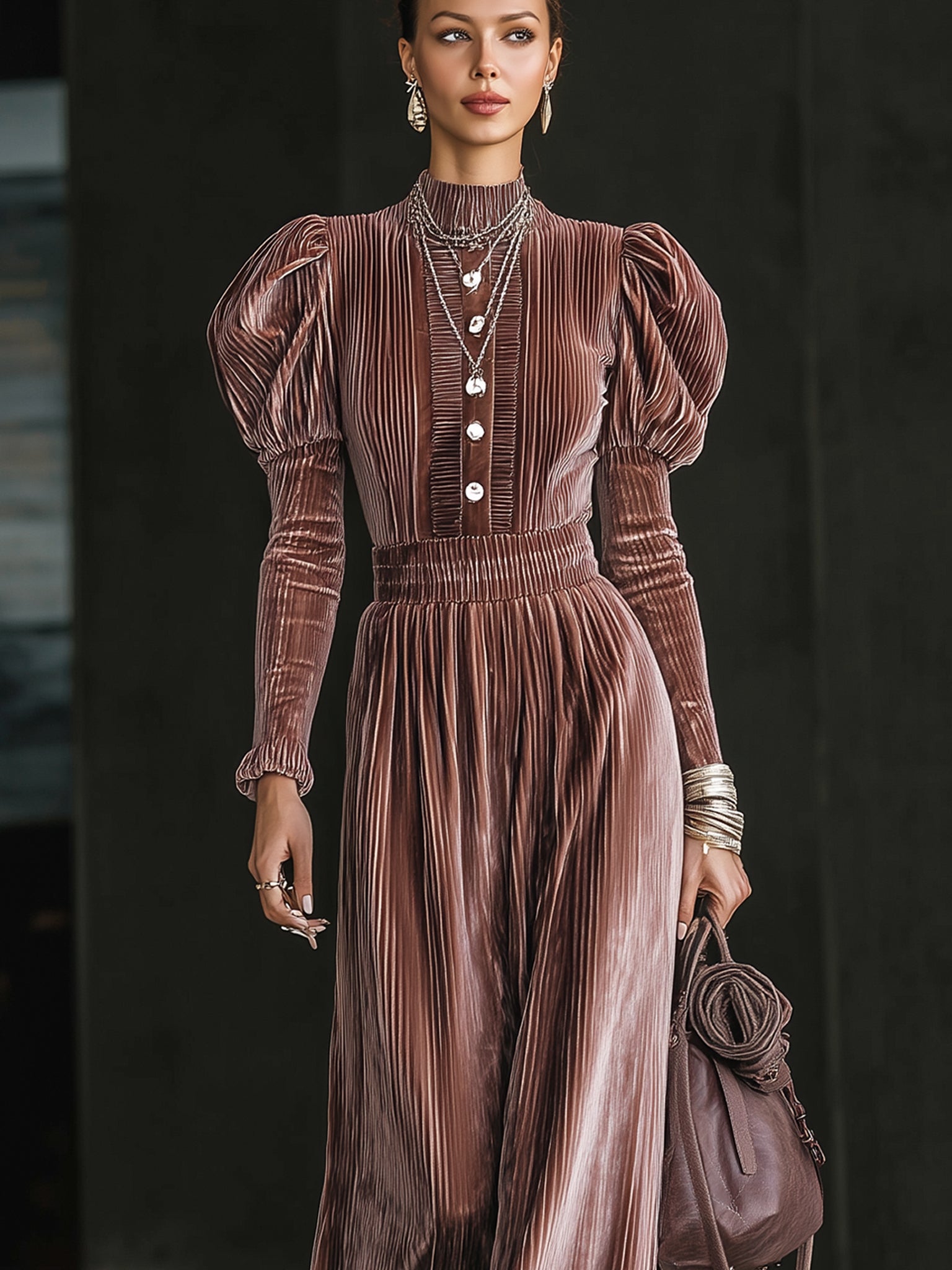 Pink Pleated Velvet Puff Sleeve  Maxi Dress