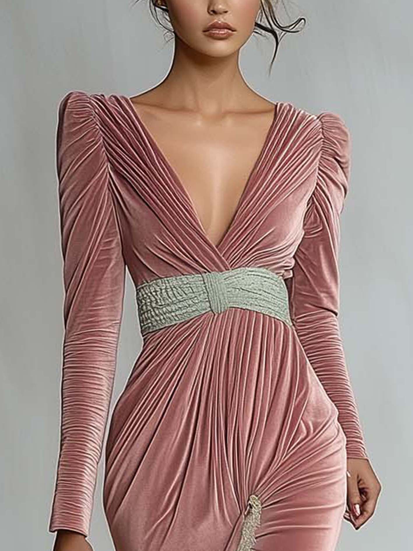 Pink Velvet Mini Dress With A Mint Green Belt And Lace Trim