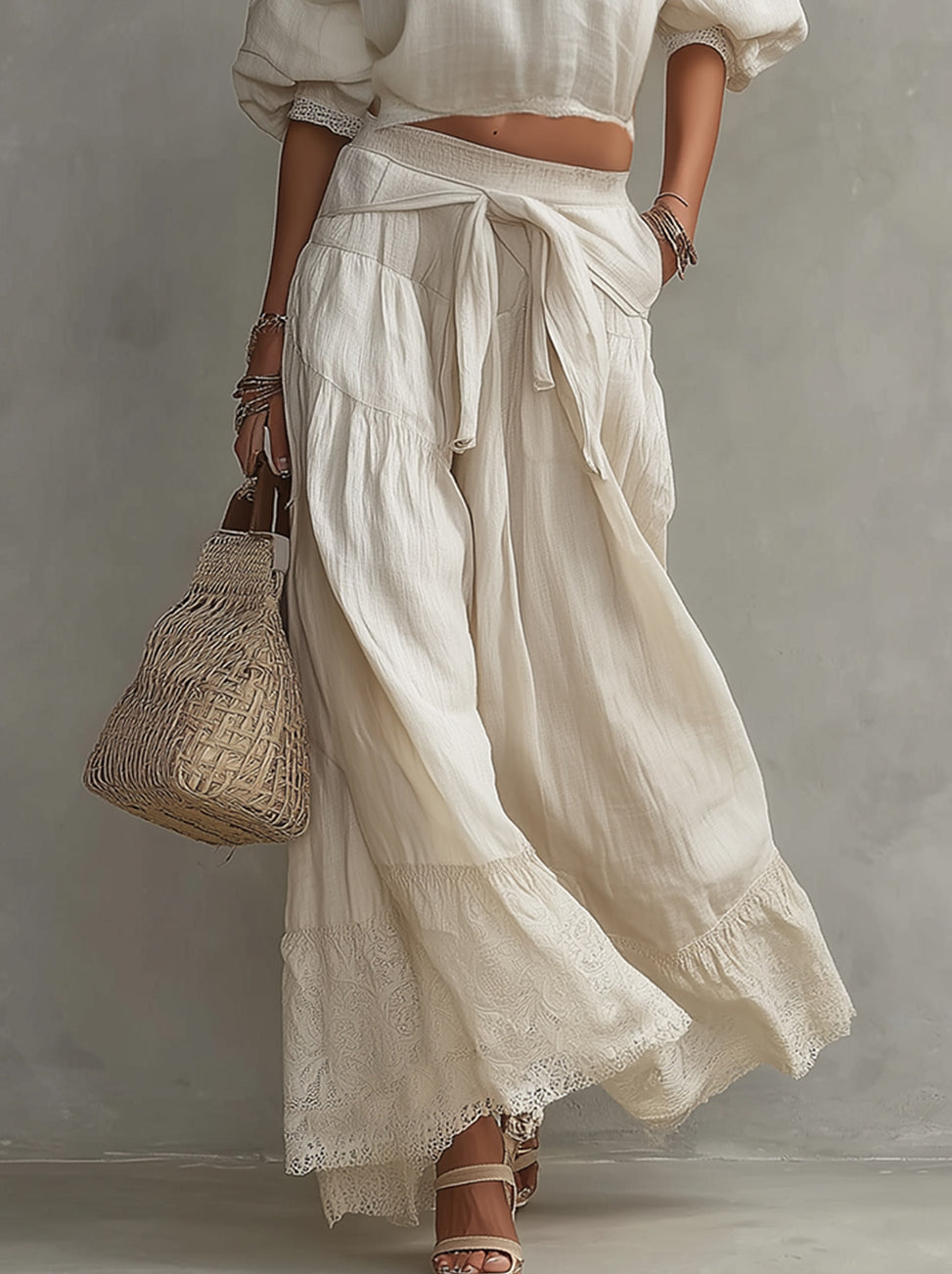 Ivory One-Shoulder Lace Trim Crop Top And Tiered Maxi Skirt Linen Set