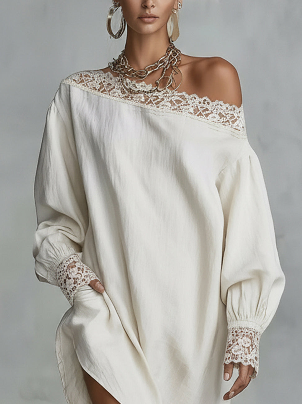 Ivory One-Shoulder Lace Trim Long Sleeve Linen Mini Dress