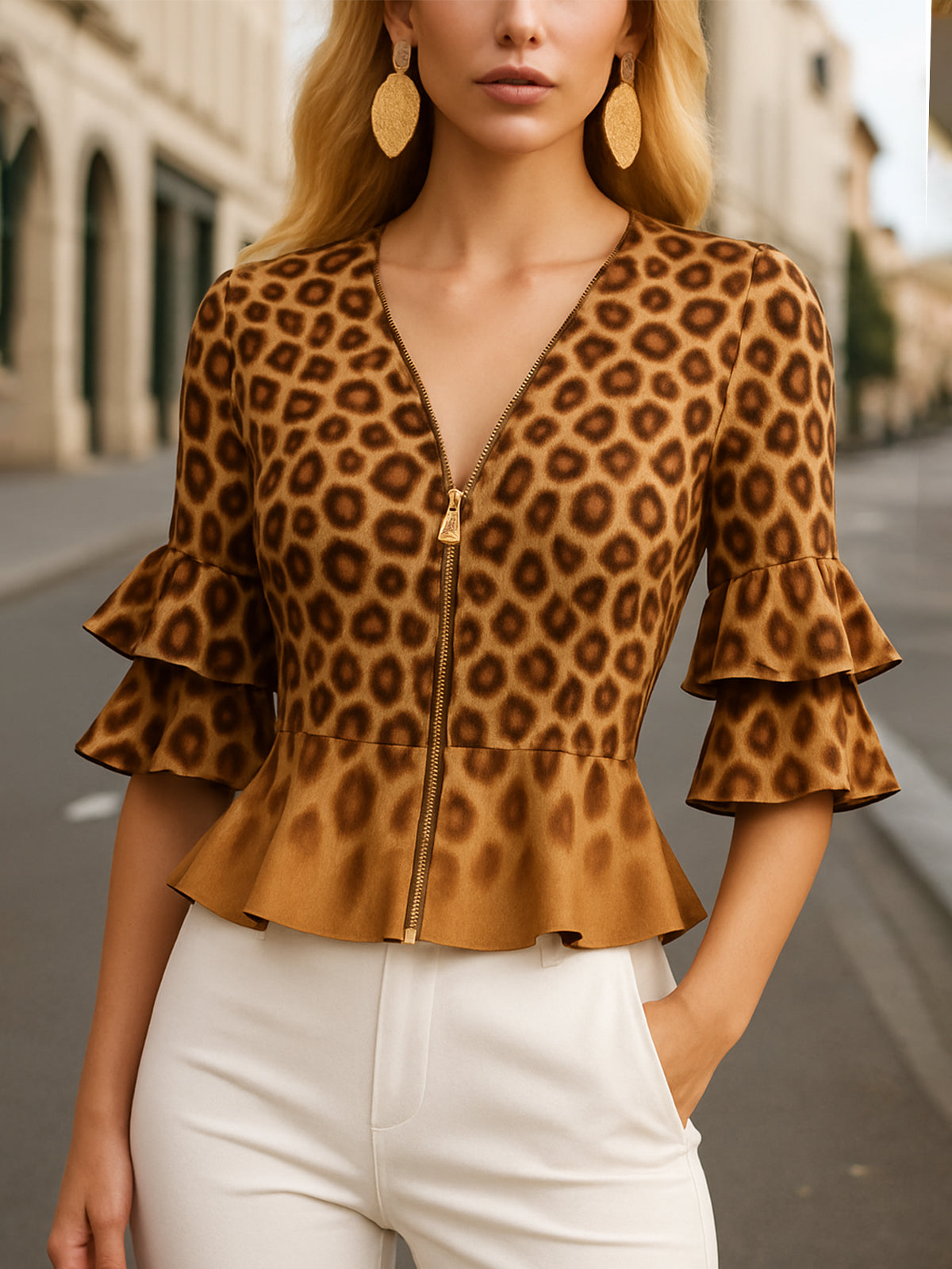 Stylish Leopard Print Ruffle Sleeve Peplum Blouse
